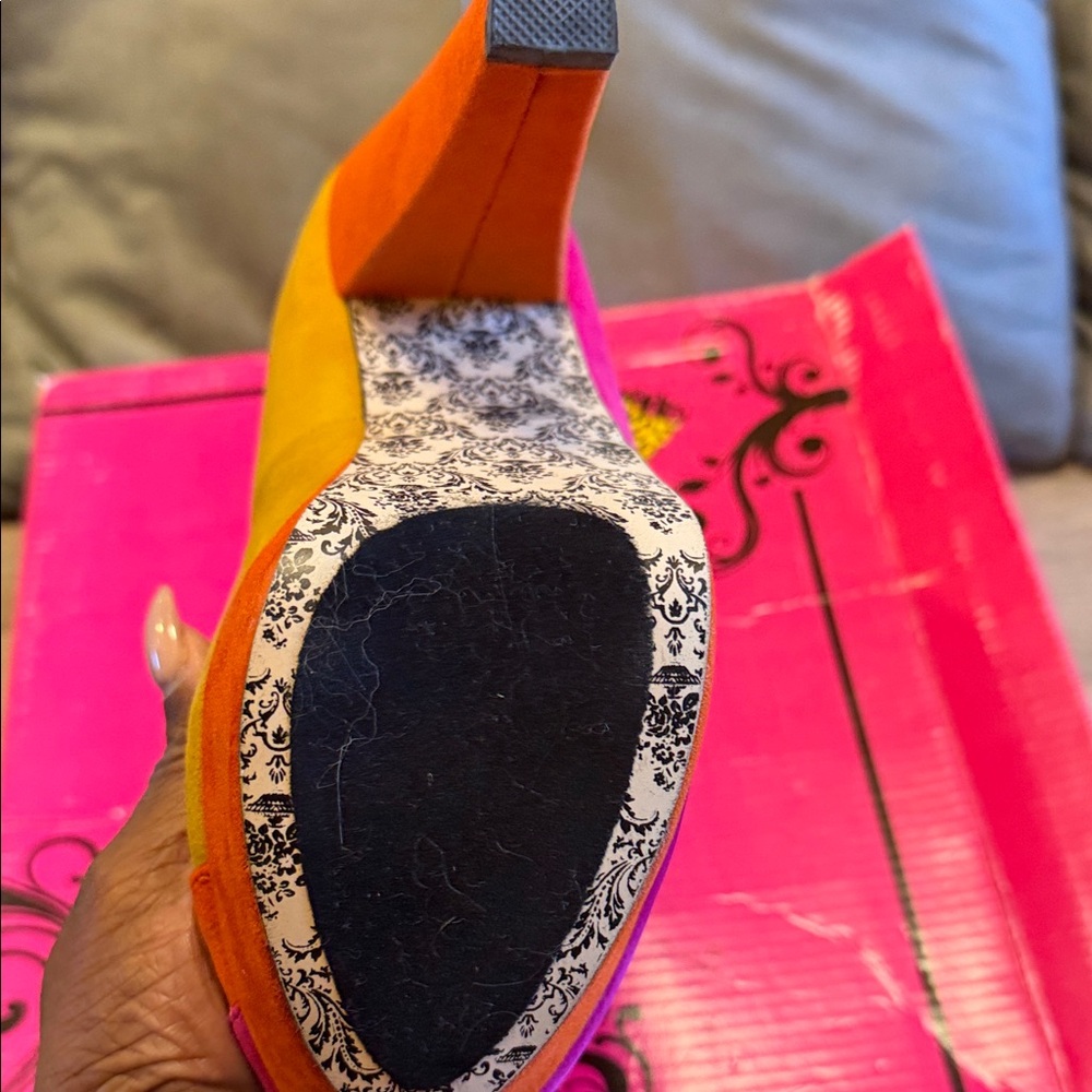Colorblock Pointed-Toe Pumps in Pink, Orange & Yellow - Picture 3 of 4